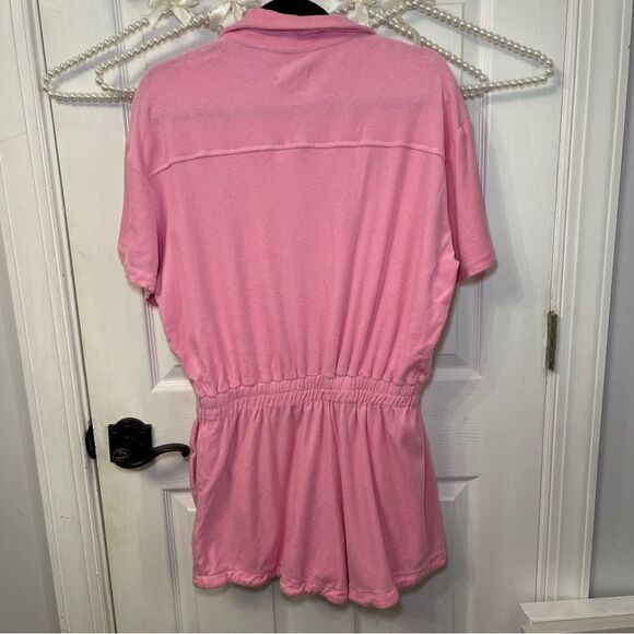 The Good American Terry Cloth Cinched Waist Pink Romper Short Sleeves - Picture 13 of 16